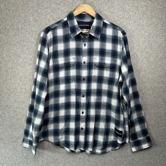 Calvin Klein Jeans Mens Button Up Plaid Shirt Blue Light Flannel Gravity Large - Picture 2 of 11